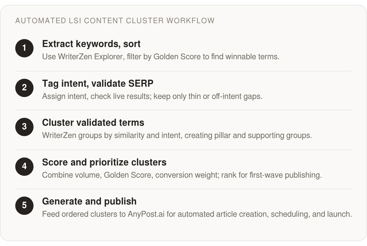 Step by step: Extract keywords, sort; Tag intent, validate SERP; Cluster validated terms; Score and prioritize clusters; Generate and publish