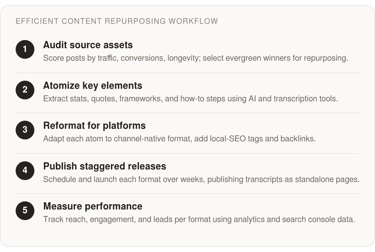 Step by step: Audit source assets; Atomize key elements; Reformat for platforms; Publish staggered releases; Measure performance