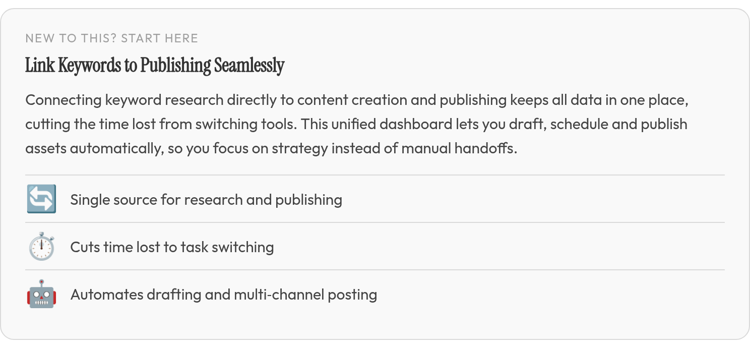 In plain terms: Connecting keyword research directly to content creation and publishing keeps all data in one place, cutting the time lost from switching tools. This unified dashboard lets you draft, schedule and
