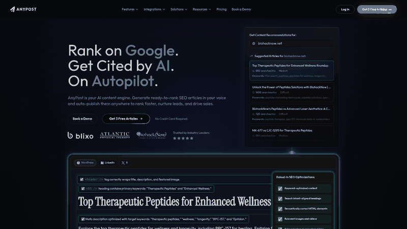 Screenshot: Shows AnyPost’s all‑in‑one dashboard and key feature sections for automated SEO‑optimized content creation and publishing.