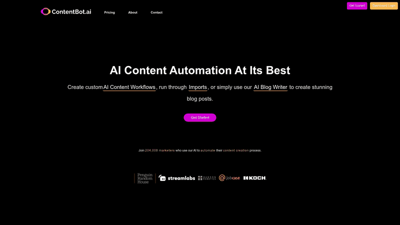 Screenshot: Displays ContentBot’s homepage with the AI workflow builder, pricing tiers, and example output screenshots.