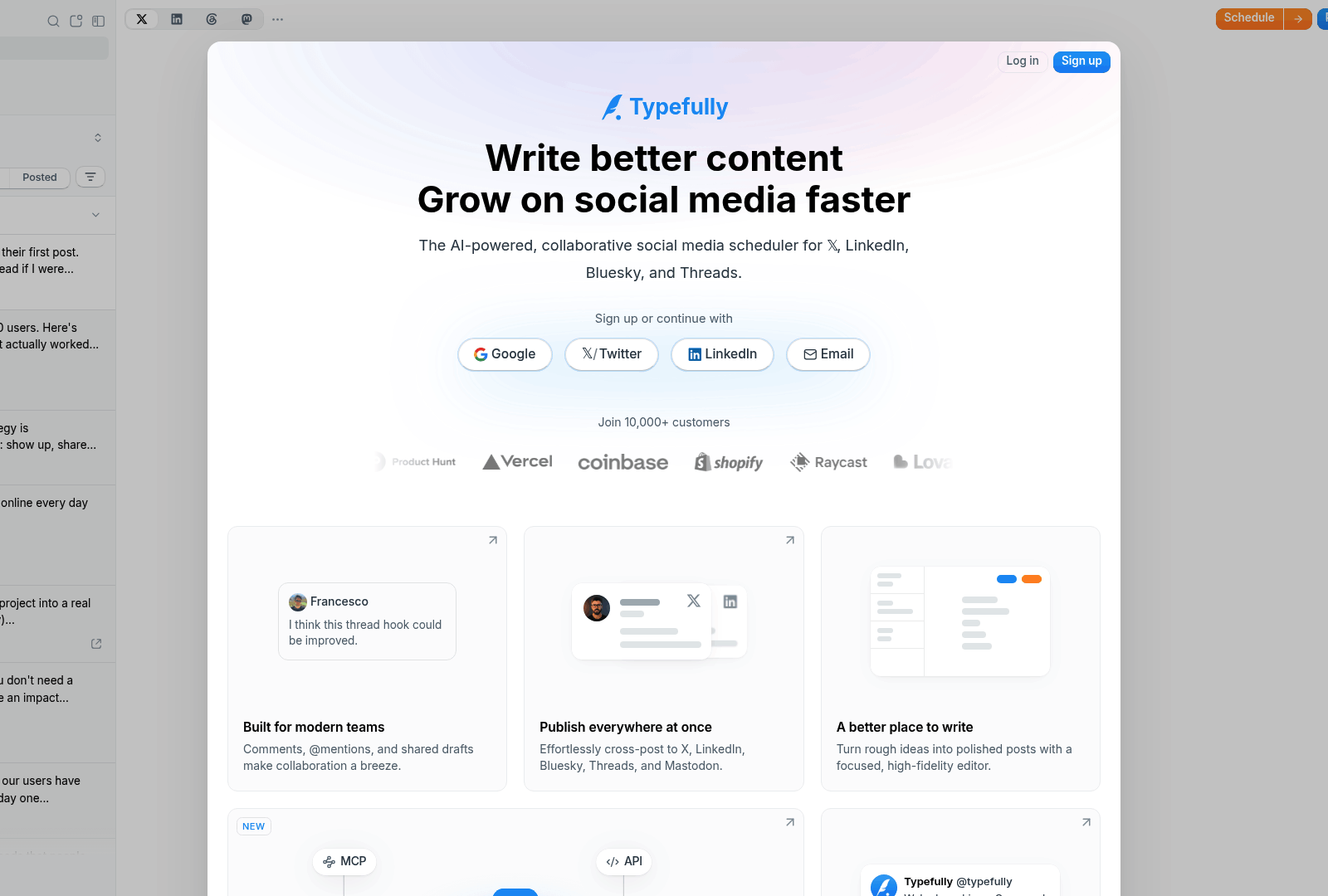 Screenshot: Captures Typefully’s landing page that highlights social‑media scheduling, draft editor, and analytics overview.