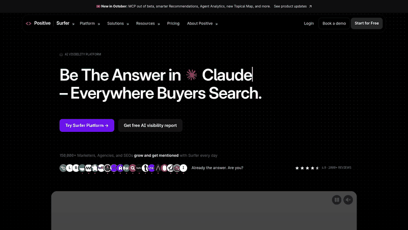 Screenshot: Surfer SEO homepage with the content refresh and AI editor sections