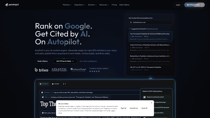 Screenshot: AnyPost.ai homepage showcasing the all‑in‑one dashboard for local, programmatic and backlink automation