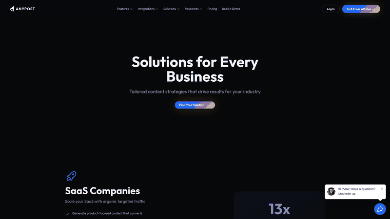 Screenshot: Solutions page showing industry‑specific content templates and persona‑engine branding