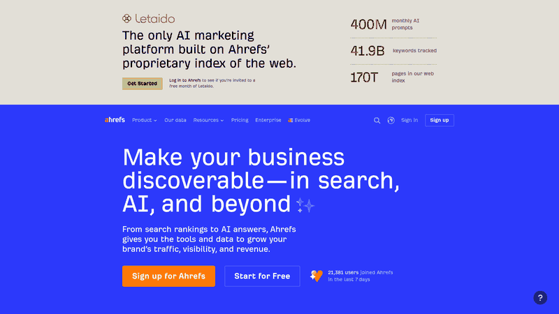 Screenshot: Ahrefs homepage featuring backlink tools and reporting overview