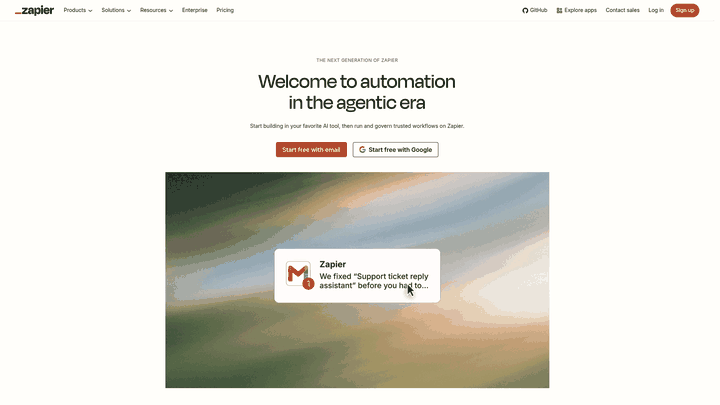 Screenshot: Zapier homepage displaying app‑integration marketplace and workflow builder