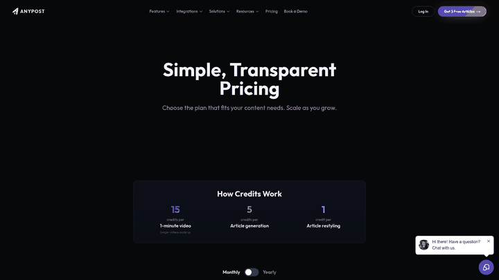 Screenshot: Displays the transparent pricing table and credit system.
