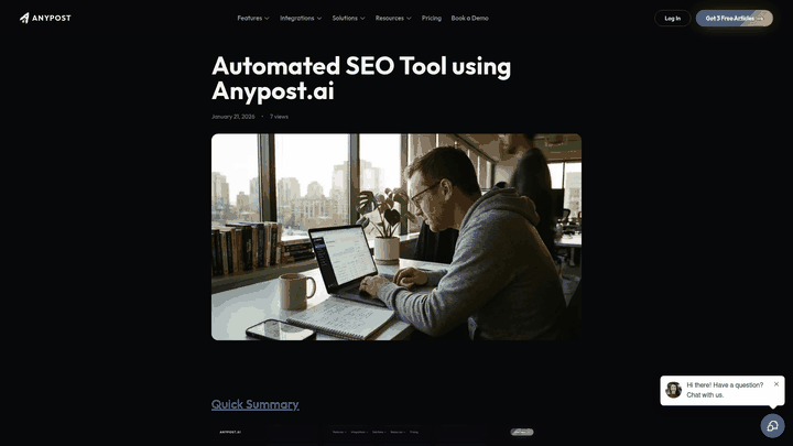 Screenshot: Excerpt of the blog post showing the SEO‑Optimization feature list and comparison table of AI‑generated vs manual SEO work.