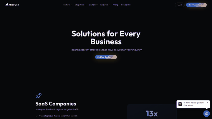 Screenshot: Solutions page with example performance results illustrating scaling outcomes.