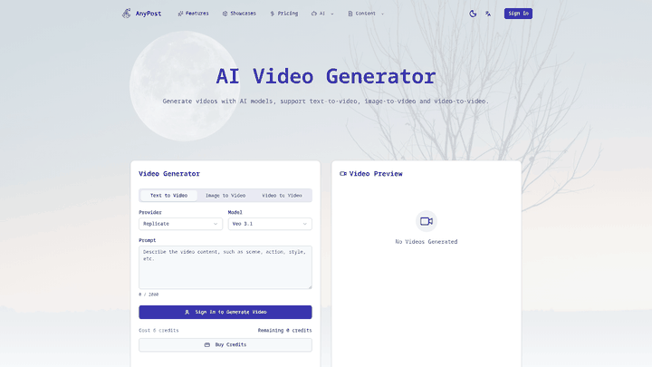 Screenshot: Interface of the AI Video Generator showing text-to-video, image-to-video options and preview window.