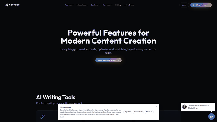 Screenshot: Feature overview grid (AI writing, multi‑platform publishing, performance analytics)