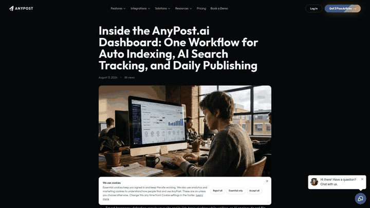 Screenshot: Full‑page view of the AnyPost.ai dashboard highlighting the AI‑search visibility panel and real‑time alerts.
