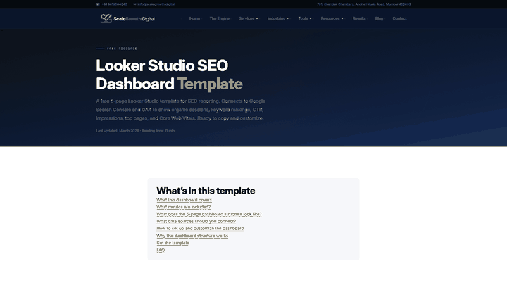 Screenshot: Free Looker Studio SEO dashboard template page that previews the 5‑page report layout
