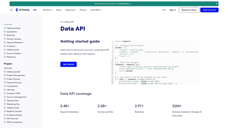 Screenshot: SE Ranking Data API documentation page showing authentication steps and endpoint list