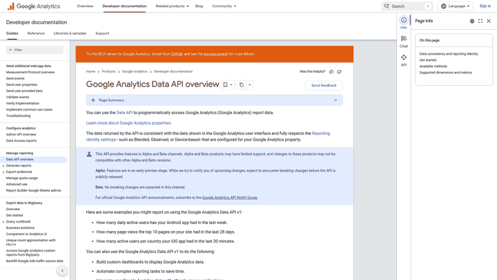 Screenshot: Google Analytics Data API overview with example request syntax and method list