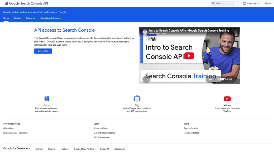 Screenshot: Search Console API documentation page outlining authentication flow and available methods