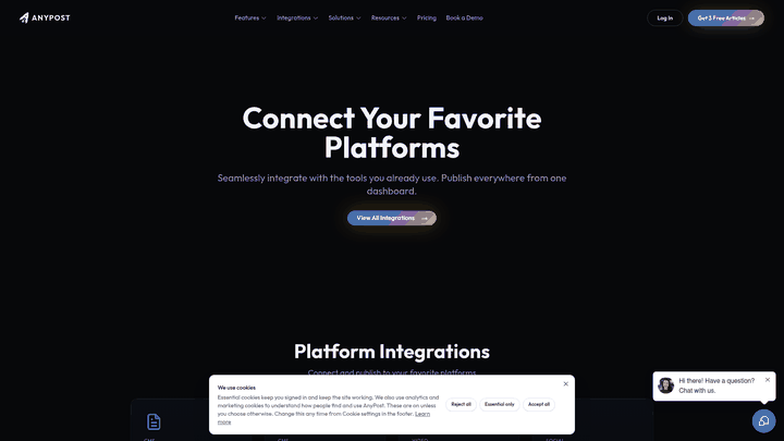 Screenshot: Grid of platform integrations (WordPress, YouTube, LinkedIn, etc.)