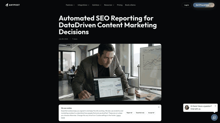 Screenshot: Excerpt of an automated SEO report screenshot from the AnyPost blog post, illustrating key metrics and actionable insights.