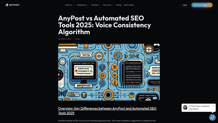 Screenshot: Feature comparison table highlighting AnyPost’s Voice Consistency Algorithm and Persona Engine.
