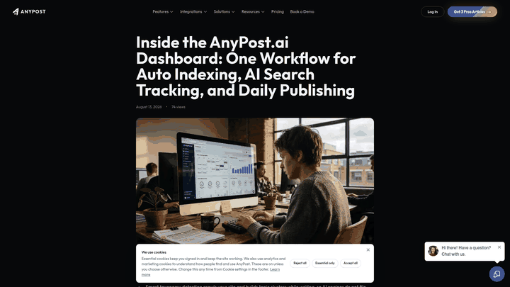 Screenshot: Captures the dashboard UI with real‑time analytics, AI search tracking, and publishing status.