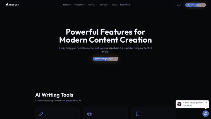 Screenshot: Feature overview grid highlighting AI writing, SEO optimization, auto‑publishing, backlinking and multi‑platform distribution.