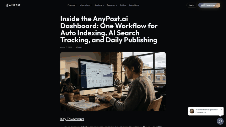 Screenshot: Dashboard view that visualizes real‑time analytics, AI search tracking and daily publishing – shows the concrete data that makes automation valuable.