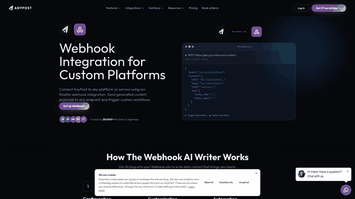 Screenshot: Webhook configuration UI showing how to select events (e.g., article published) that act as automation triggers.