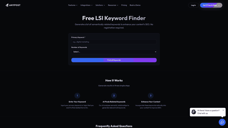 Screenshot: The AnyPost LSI Keyword Finder interface with input field and generated keyword list.