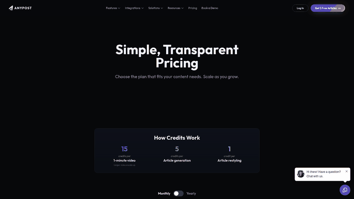 Screenshot: Transparent pricing table with credit model and growth‑service inclusion