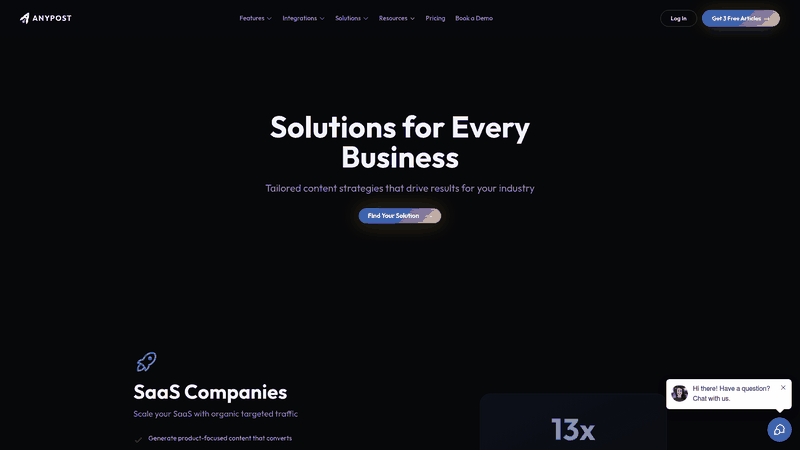 Screenshot: Solution cards with industry‑specific results (e.g., 13x traffic increase for SaaS)