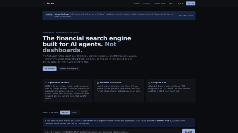 Screenshot: Homepage of Aether – an agent‑native financial search engine for SEC filings and earnings transcripts.