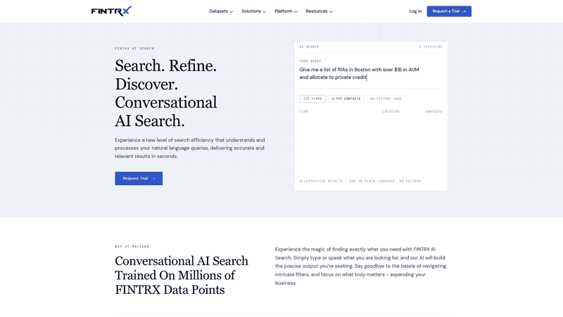 Screenshot: FINTRX AI Search product page, highlighting its conversational search interface for private‑wealth data.
