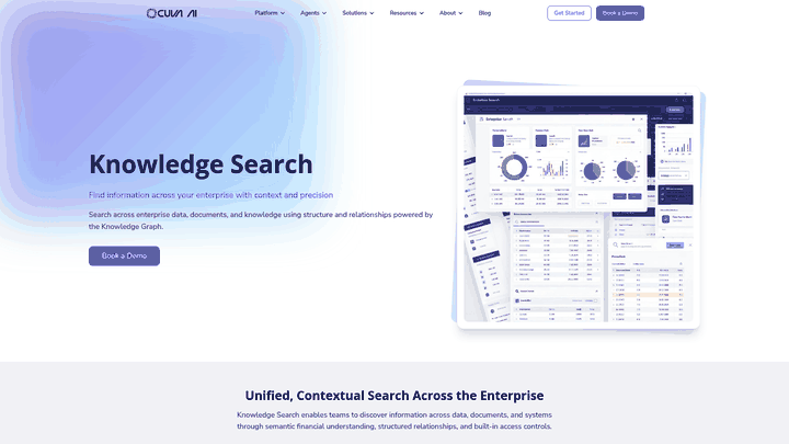Screenshot: Cuva AI Knowledge Search landing page, illustrating its enterprise‑grade semantic search for financial data.