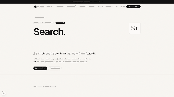 Screenshot: AskFinz AI search engine homepage, displaying the query bar, result cards, and agent/LLM integration options.