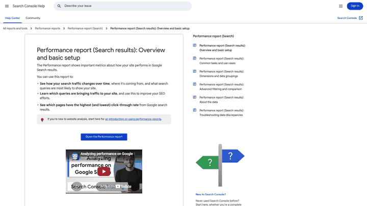 Screenshot: Google Search Console Performance report showing clicks, impressions, and CTR chart.