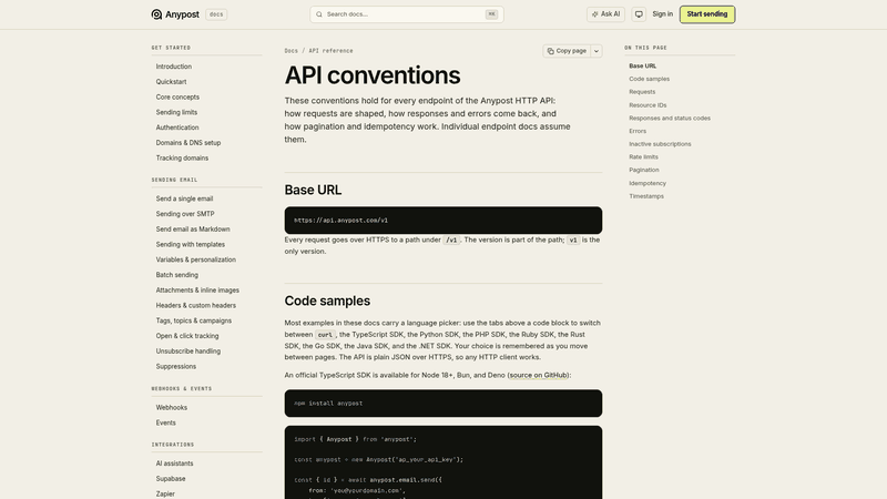 Screenshot: API documentation page highlighting request/response conventions and code samples.
