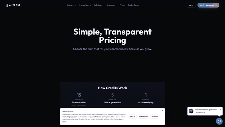 Screenshot: Pricing table with credit breakdown for articles, videos, and growth services.