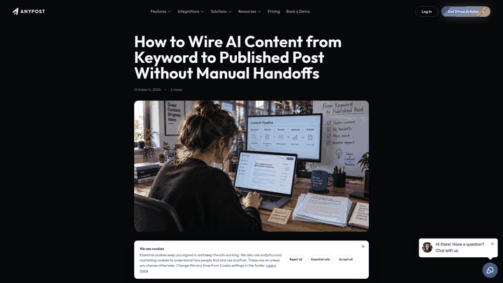 Screenshot: Step‑by‑step visual of the keyword‑to‑publish pipeline inside AnyPost.ai.