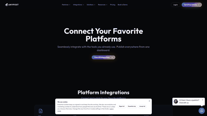 Screenshot: Integrations page showing the list of platforms (WordPress, YouTube, LinkedIn, Instagram, TikTok, etc.) that AnyPost can publish to from a single dashboard.
