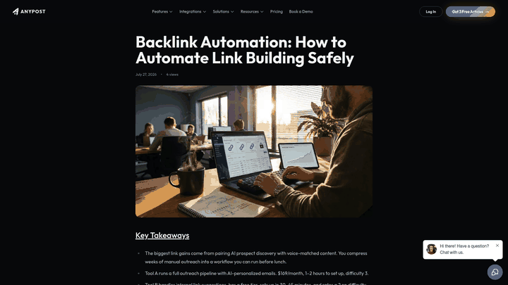 Screenshot: Blog post containing a side‑by‑side comparison table of backlink automation tools, including AnyPost.ai.
