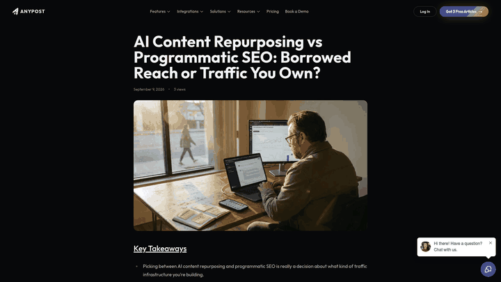 Screenshot: Programmatic SEO module screen showing template mapping and bulk page generation controls.
