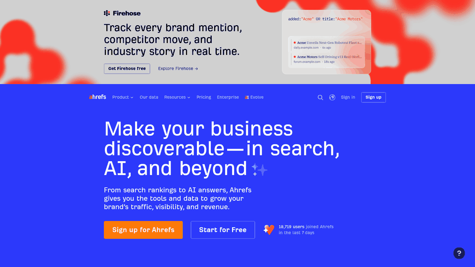 Screenshot: Ahrefs homepage showing the main navigation and keyword‑gap tool teaser
