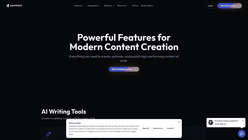 Screenshot: Feature overview grid highlighting programmatic SEO templates, auto‑headline generation, and multi‑platform publishing.