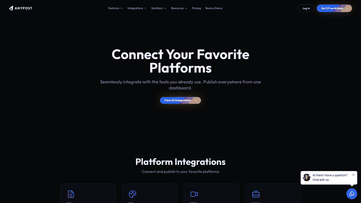 Screenshot: Integrations overview showing WordPress, YouTube, LinkedIn, TikTok, and webhook connections.