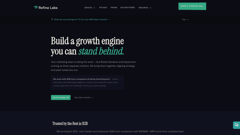 Screenshot: Refine Labs homepage showing their demand‑generation agency positioning.
