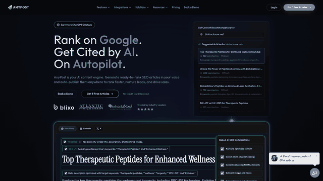 Screenshot: AnyPost.ai homepage illustrating the AI‑content‑marketing platform being compared.