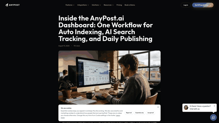 Screenshot: Dashboard view showing the end‑to‑end content pipeline – from taxonomy detection to publishing and real‑time analytics.