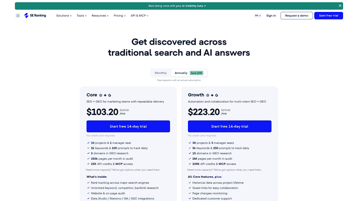 Screenshot: SE Ranking pricing table with Core, Growth and Enterprise tiers