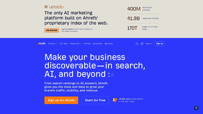 Screenshot: Ahrefs homepage hero that highlights its core SEO suite